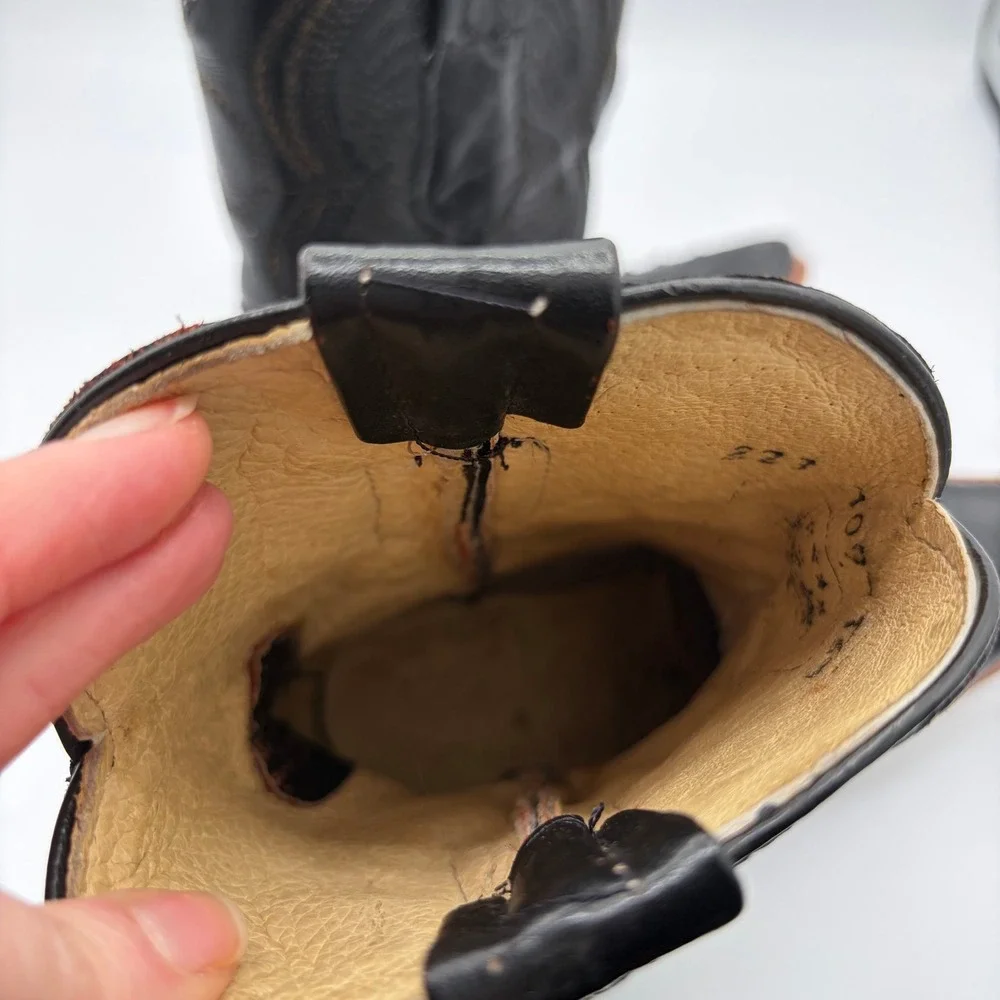 El General Toddler Kids 8.5 Black Leather Ostrich Print‎ Square Toe Cowboy Boots